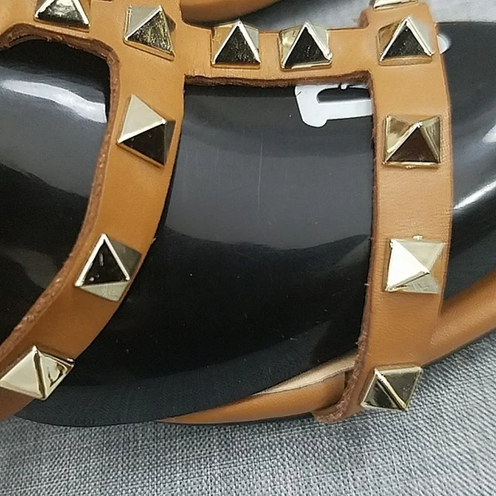 Kaitlyn Pan Studded Tan Leather Sandals 7.5 - Strappy, Open-toe, Heeled